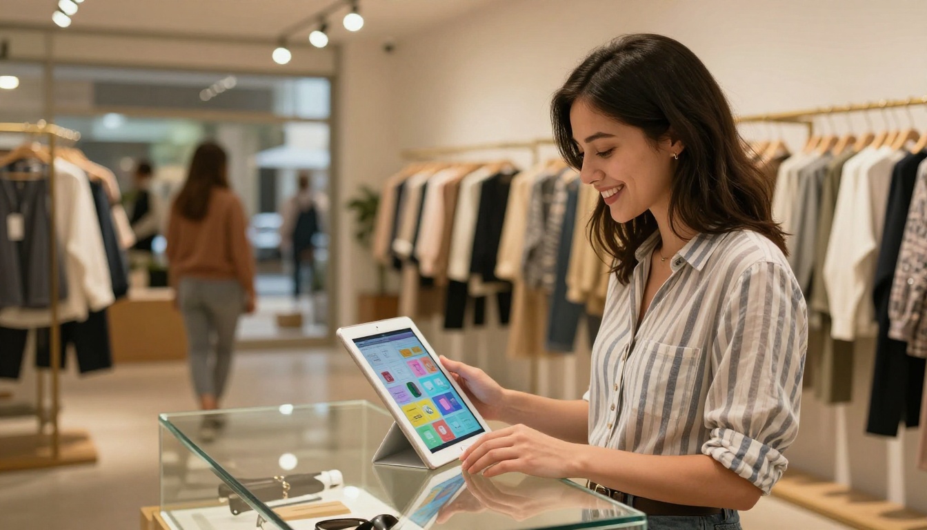 Retail shop owner showing a digital product catalog on tablet to a customer Retail shop owner showing a digital product catalog on tablet to a customer