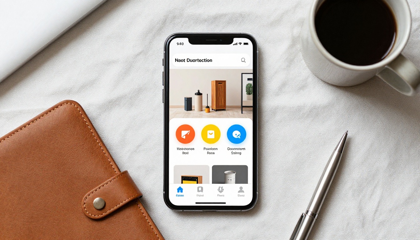 Overhead flat-lay of smartphone displaying interactive digital catalog with page-flip interface Overhead flat-lay of smartphone displaying interactive digital catalog with page-flip interface