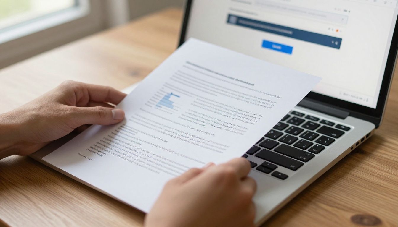 Hands placing a printed PDF document next to a laptop showing a document upload interface