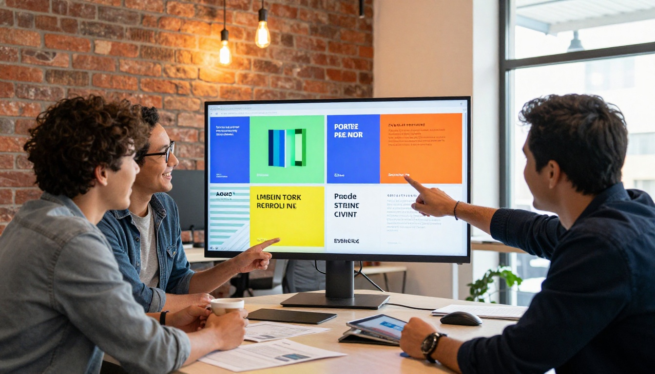 A marketing team gathered around a large monitor showing a colorful brand brochure flipbook, smiling and pointing at the screen
