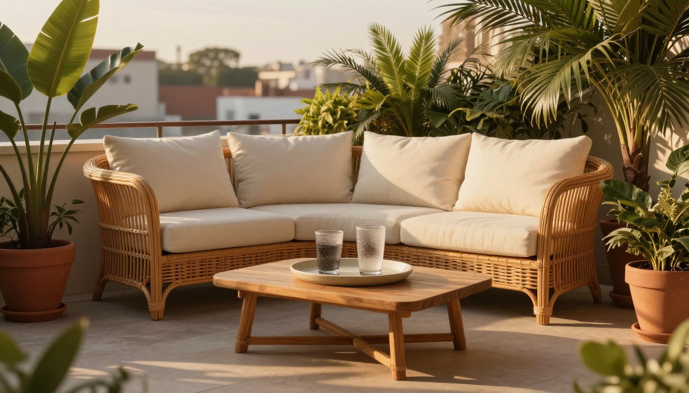 Outdoor terrace styled for a home decor brand seasonal lookbook at golden hour