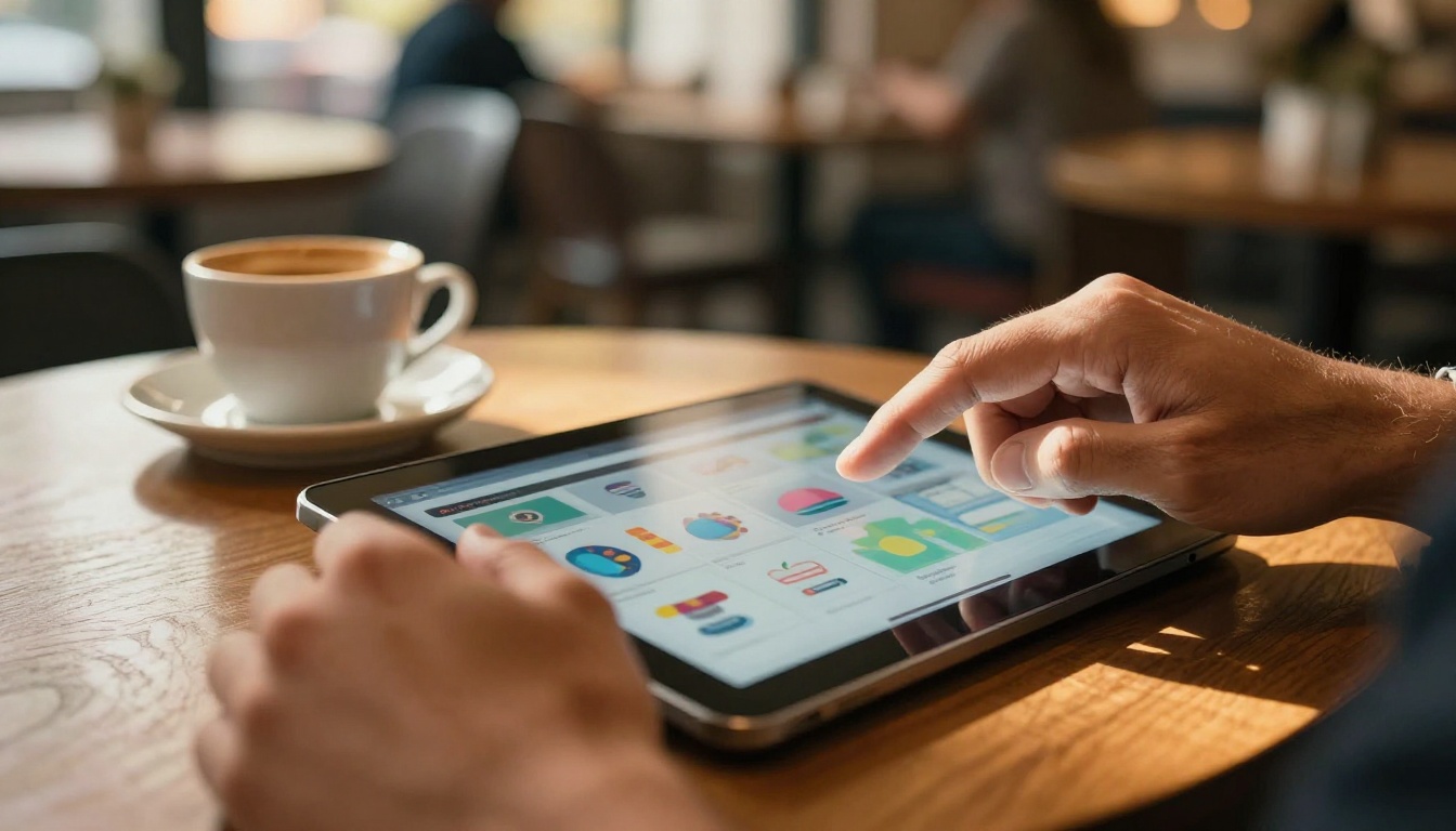 Customer hands swiping through product catalog on tablet at cafe table Customer hands swiping through product catalog on tablet at cafe table
