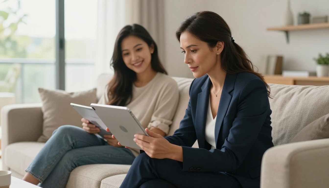 Real estate agent showing a digital brochure on iPad to a couple in a living room Real estate agent showing a digital brochure on iPad to a couple in a living room