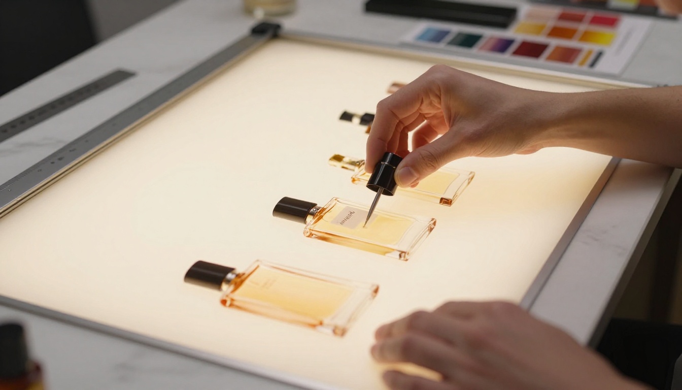Designer's gloved hands arranging product photographs on a light table with precision and care