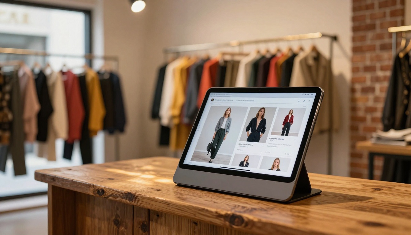 Boutique fashion shop with iPad stand displaying digital lookbook catalog on wooden counter Boutique fashion shop with iPad stand displaying digital lookbook catalog on wooden counter