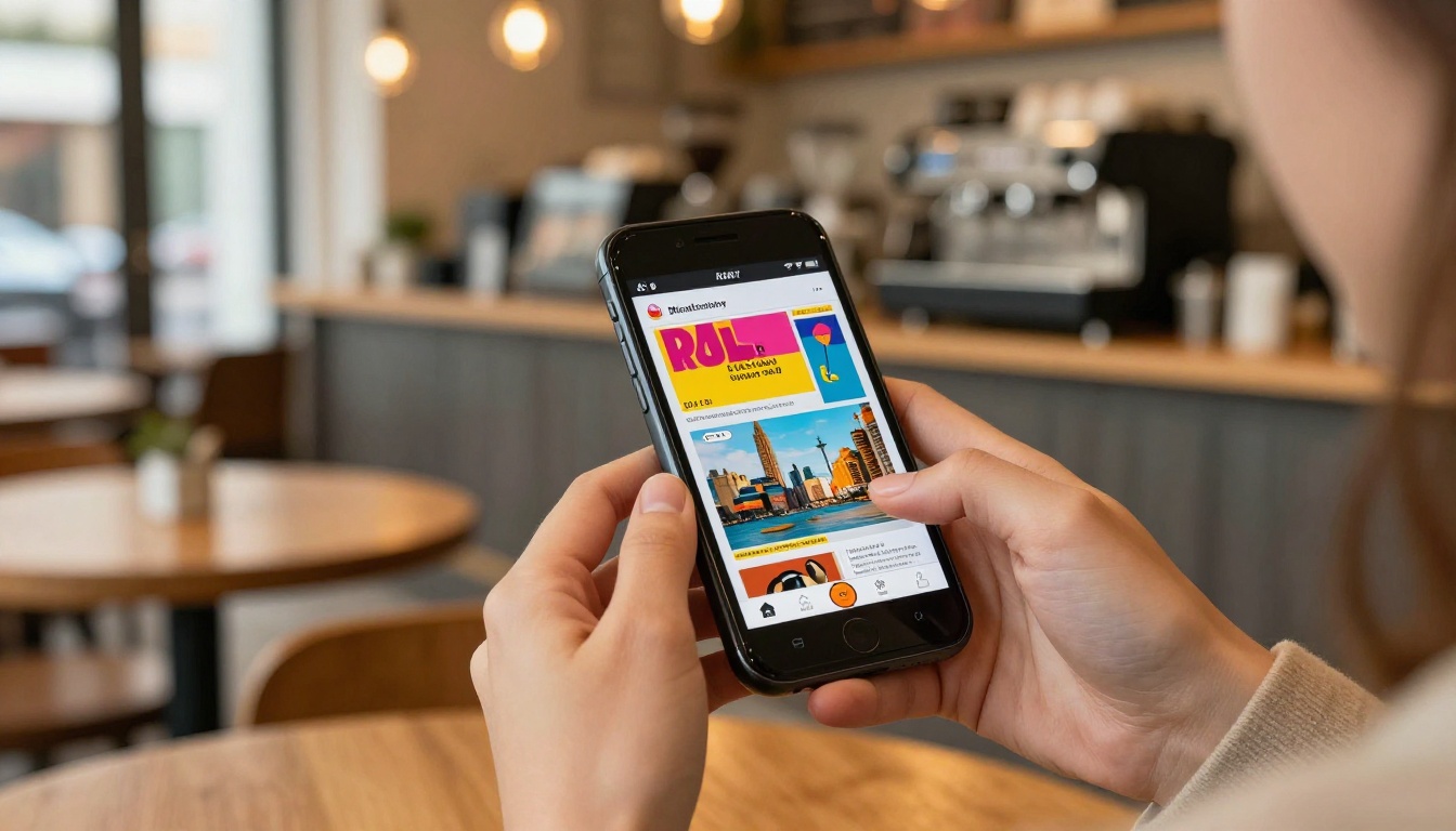 A woman in a cafe holding a smartphone displaying a mobile-responsive magazine-style flipbook, warm string lights and espresso machine blurred in the background