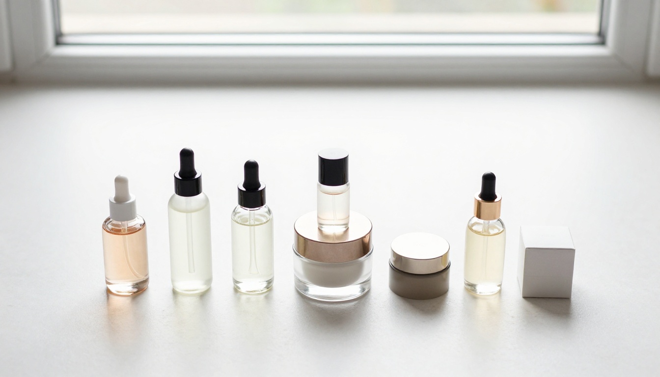Luxury cosmetics arranged in a symmetrical flat-lay on white stone surface, top-down aerial view