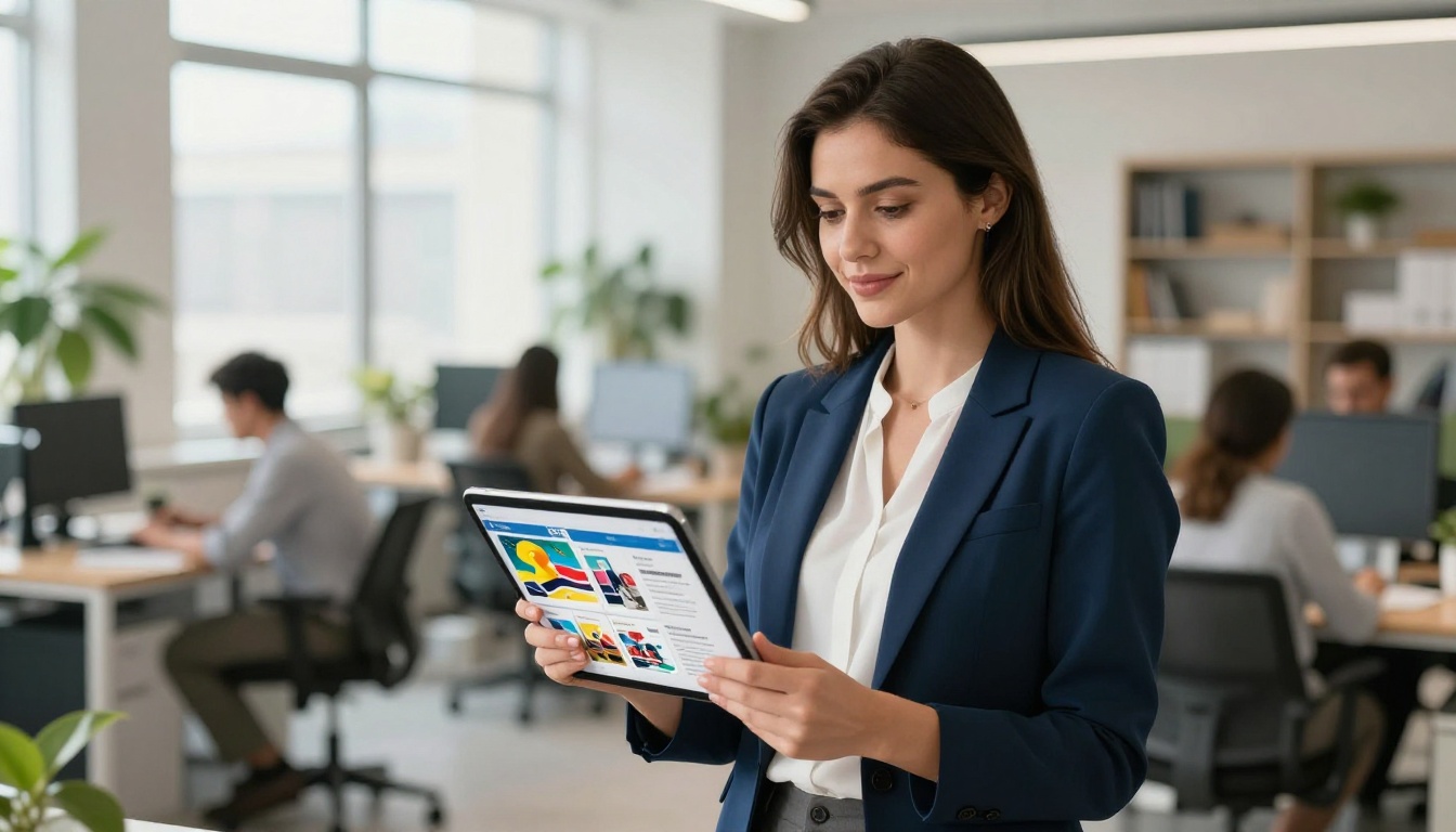 Marketing professional standing holding a tablet showing a digital flipbook catalog with page-curl animation