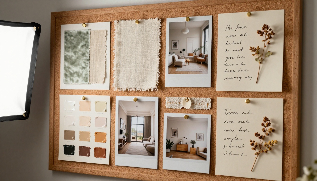 Home decor brand mood board with fabric swatches and paint samples
