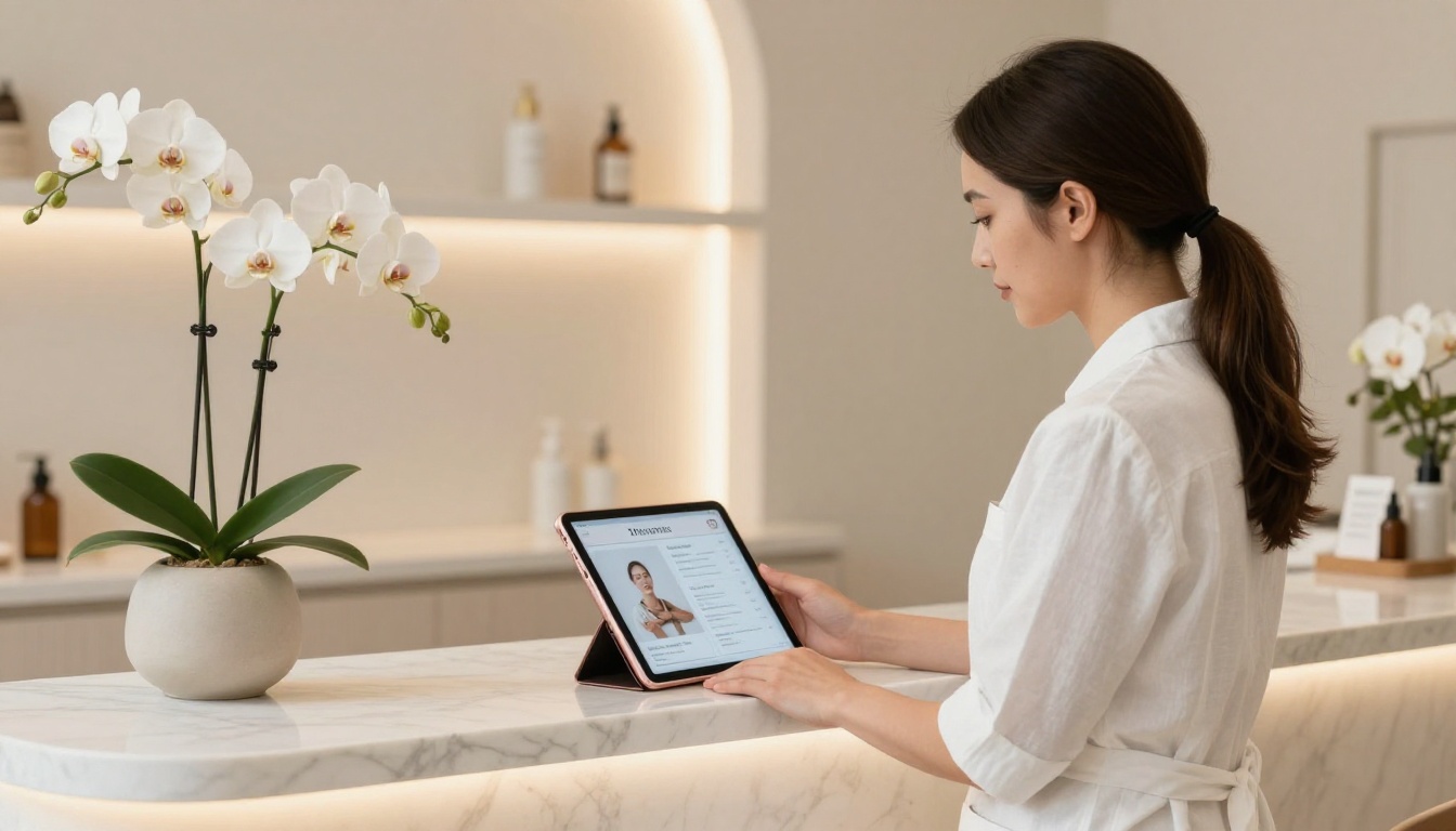 Spa therapist holding iPad with wellness menu flipbook at reception counter Spa therapist holding iPad with wellness menu flipbook at reception counter