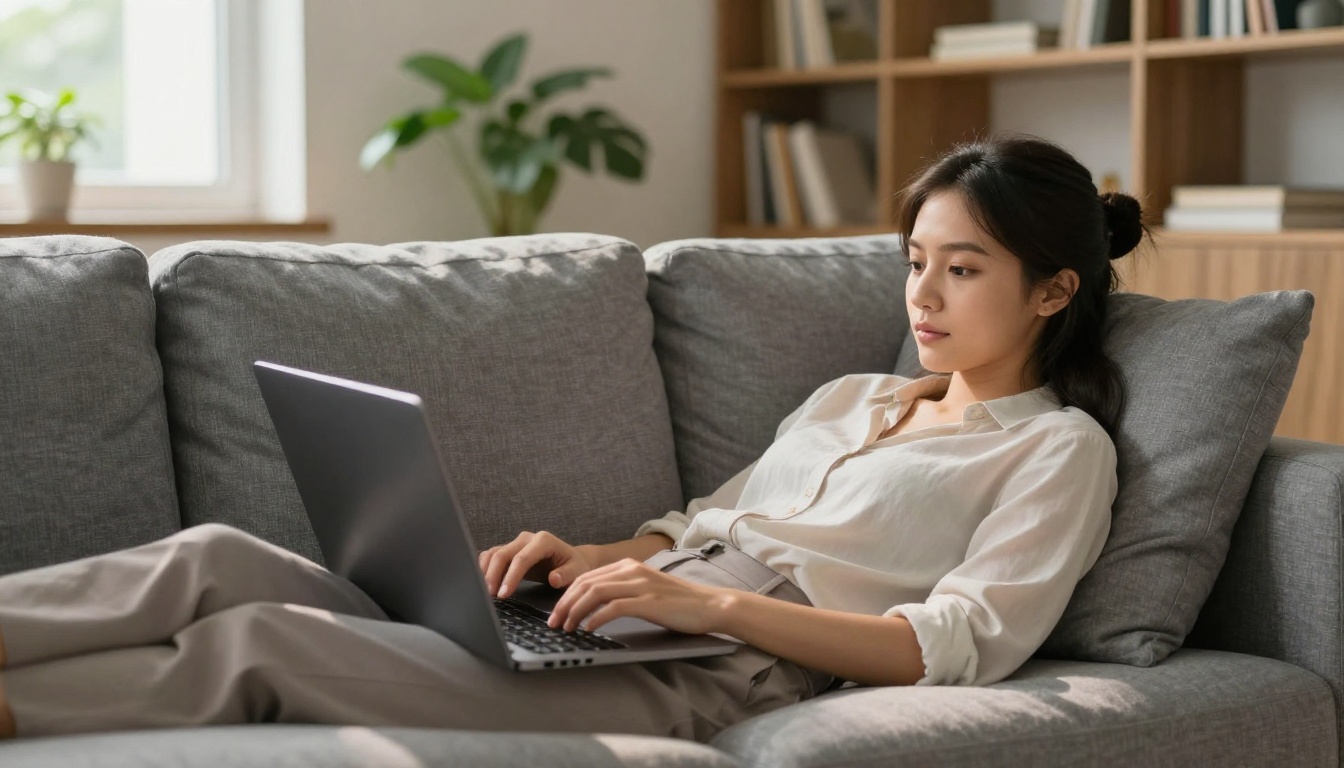 Woman browsing digital product catalog on laptop while relaxing on modern home sofa Woman browsing digital product catalog on laptop while relaxing on modern home sofa