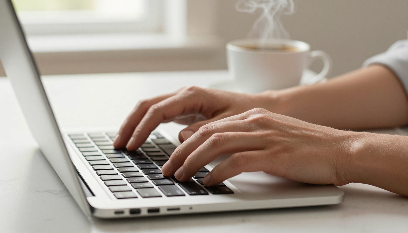 Extreme close-up of hands typing on slim laptop keyboard on marble desk with coffee cup Extreme close-up of hands typing on slim laptop keyboard on marble desk with coffee cup