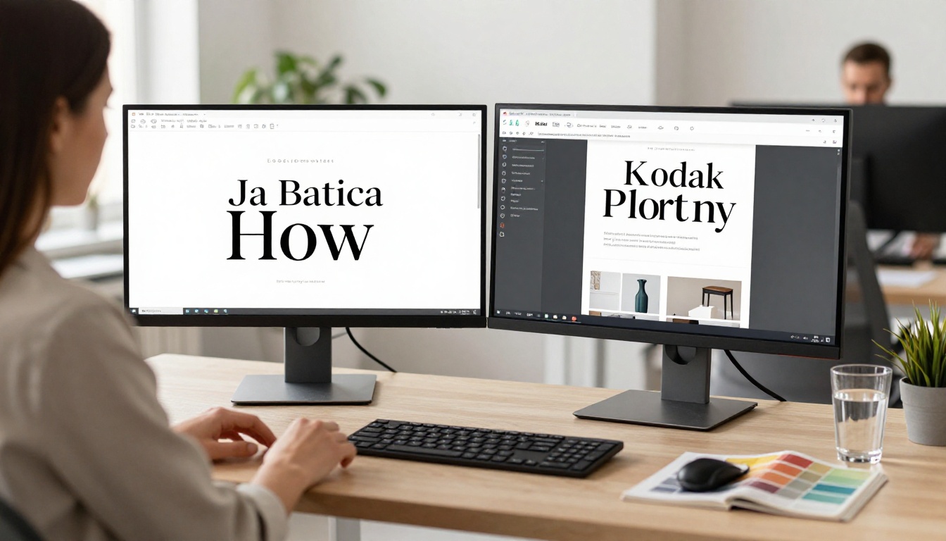 Graphic designer at a modern workstation with dual monitors showing a high-end catalog spread layout in progress
