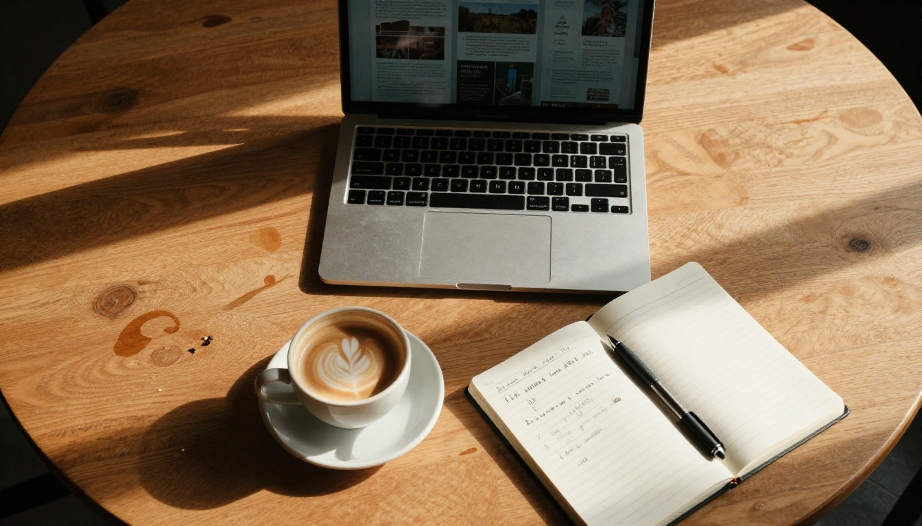 Aerial view of a café table with a laptop open to a digital flipbook, coffee cup and notebook beside it