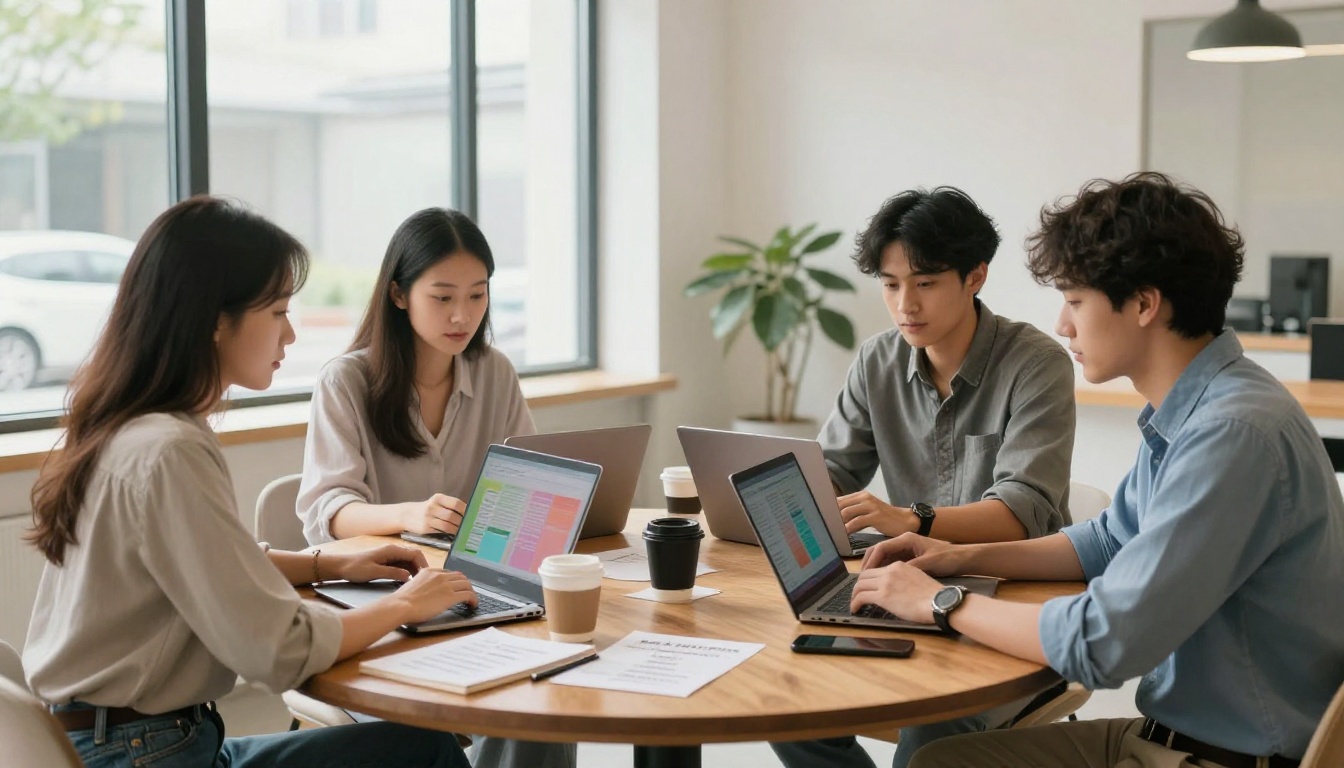 Small business team in a bright co-working space reviewing laptops together Small business team in a bright co-working space reviewing laptops together