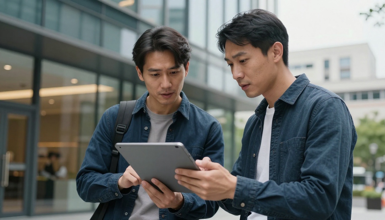 Salesperson showing digital catalog on tablet to client outdoors near modern building entrance Salesperson showing digital catalog on tablet to client outdoors near modern building entrance
