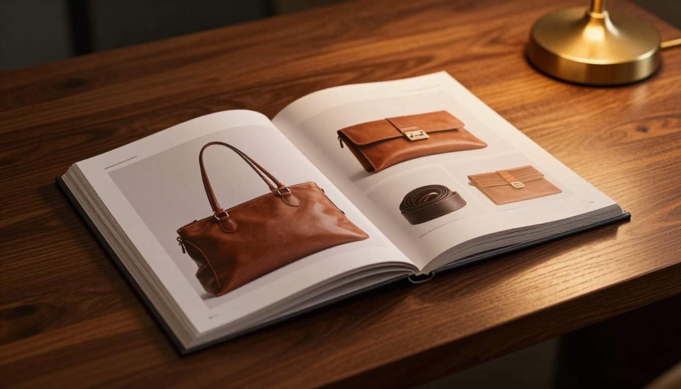 High-end printed product catalog open to a leather goods double-page spread on a dark walnut desk with warm lamp light
