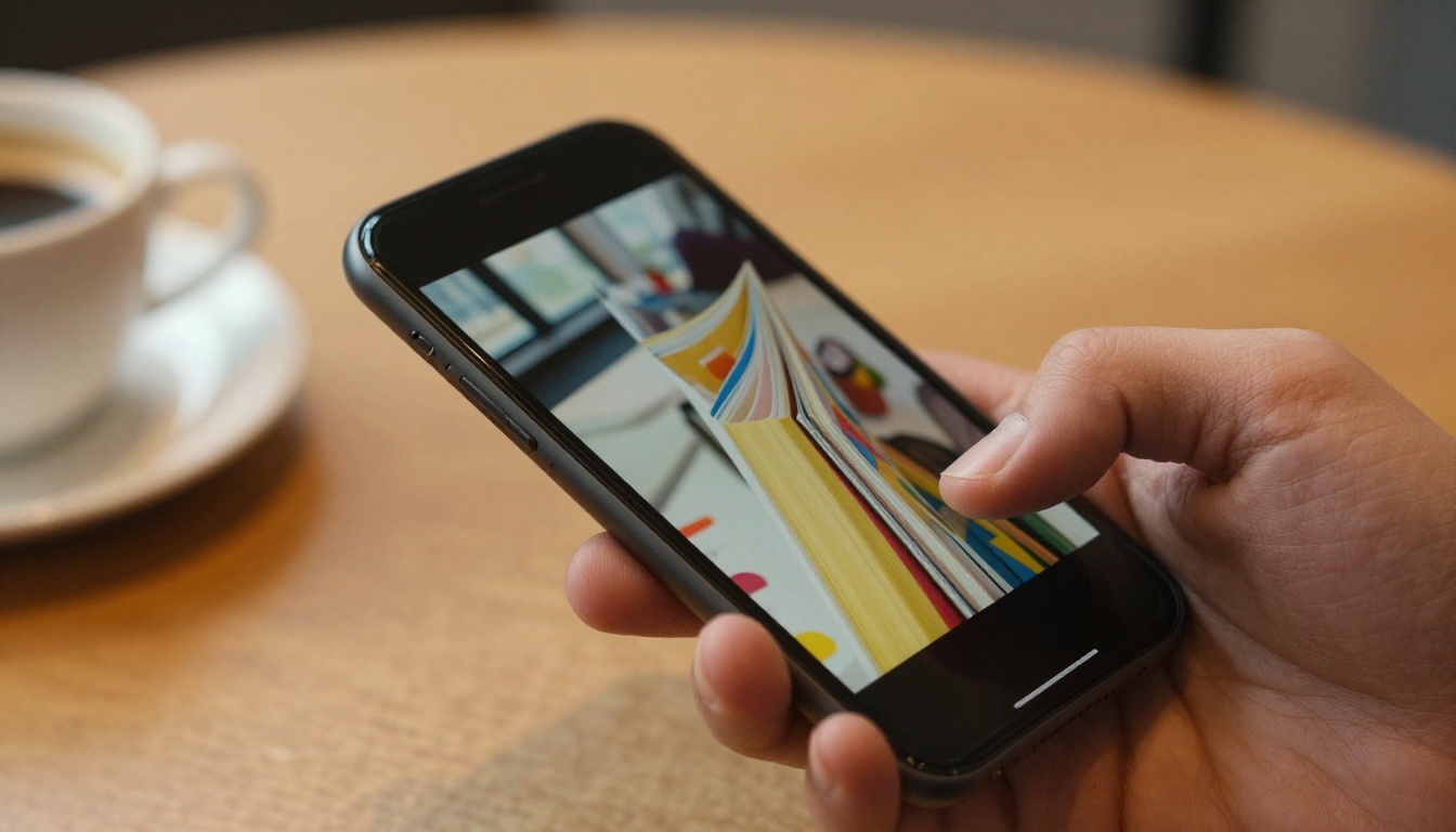 Person holding a smartphone displaying a page-turning flipbook catalog Person holding a smartphone displaying a page-turning flipbook catalog