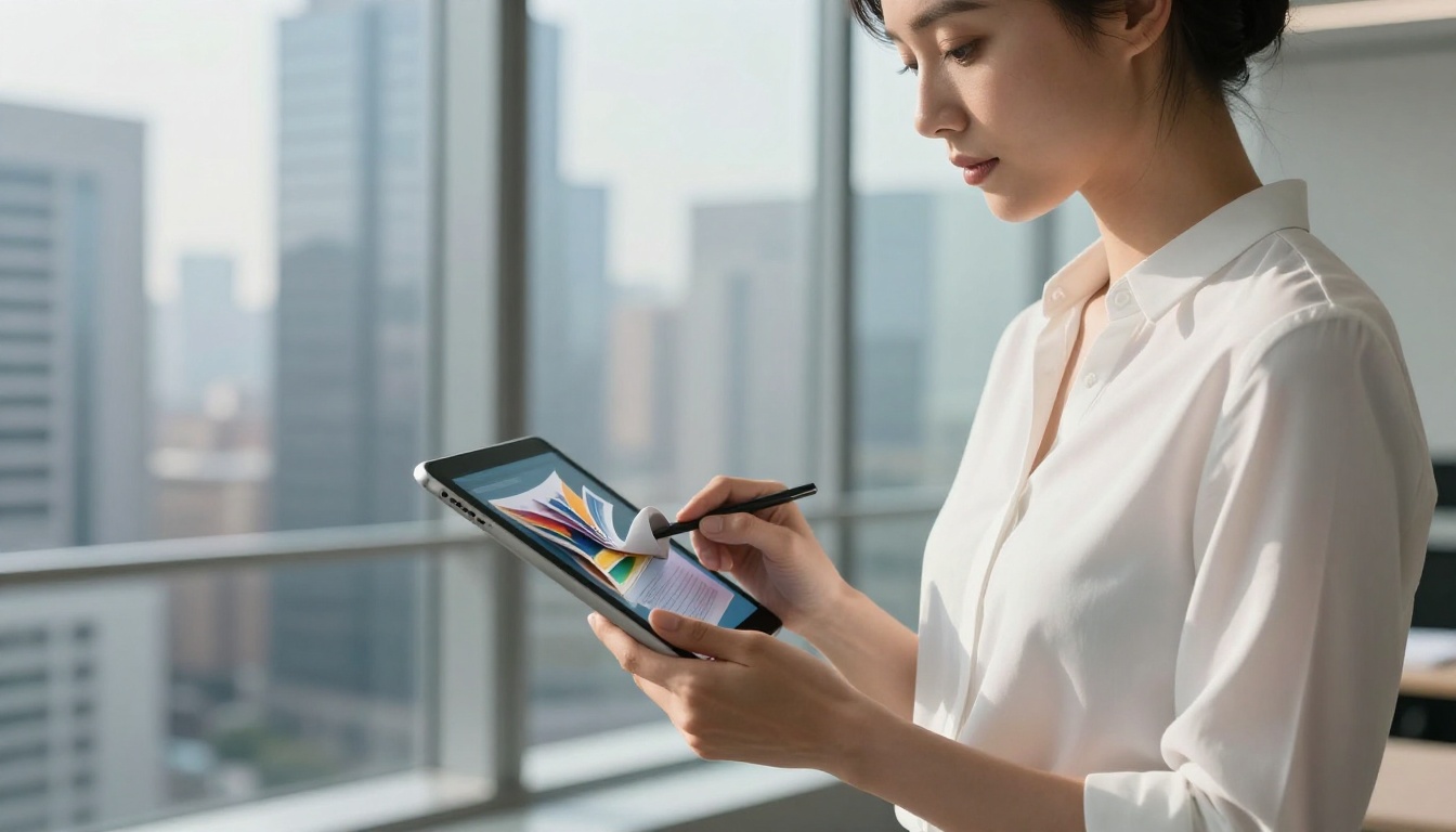 Professional woman holding tablet showing interactive flipbook in a modern minimalist office Professional woman holding tablet showing interactive flipbook in a modern minimalist office