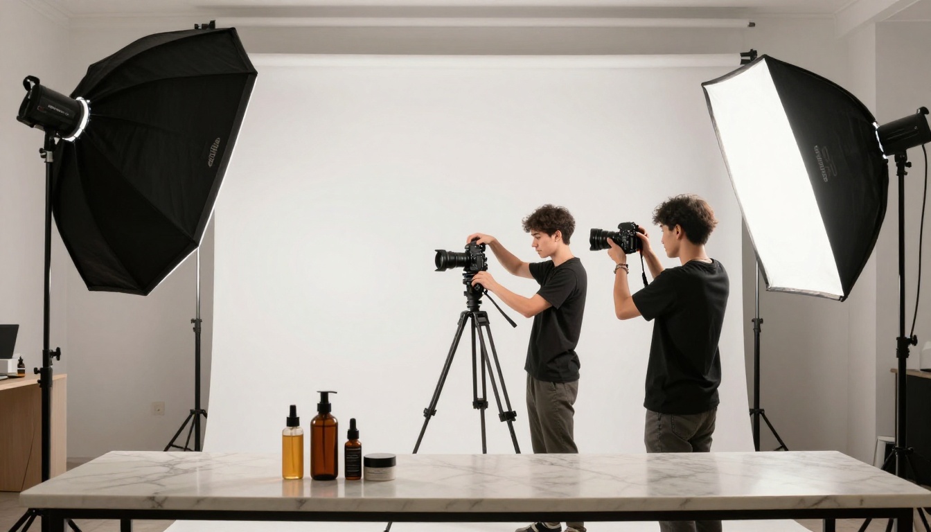 Behind-the-scenes product catalog photo shoot in a professional studio with large soft box lighting on both sides