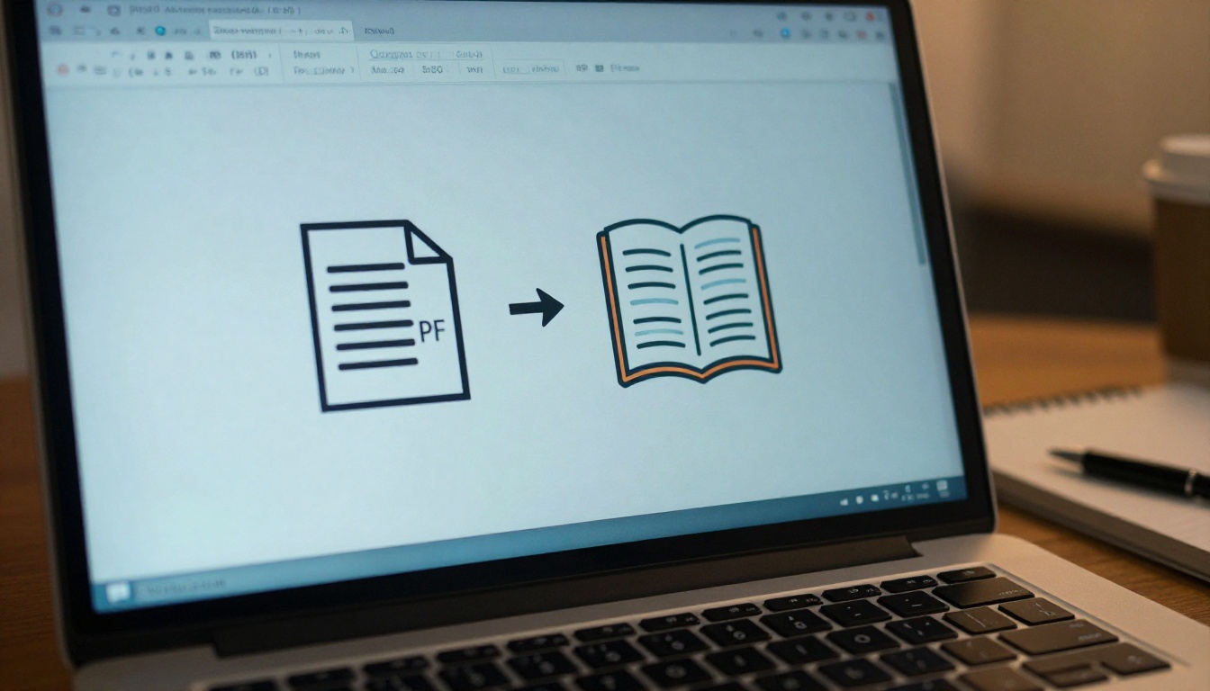 Close-up of a laptop screen displaying a PDF to flipbook conversion interface with progress indicator