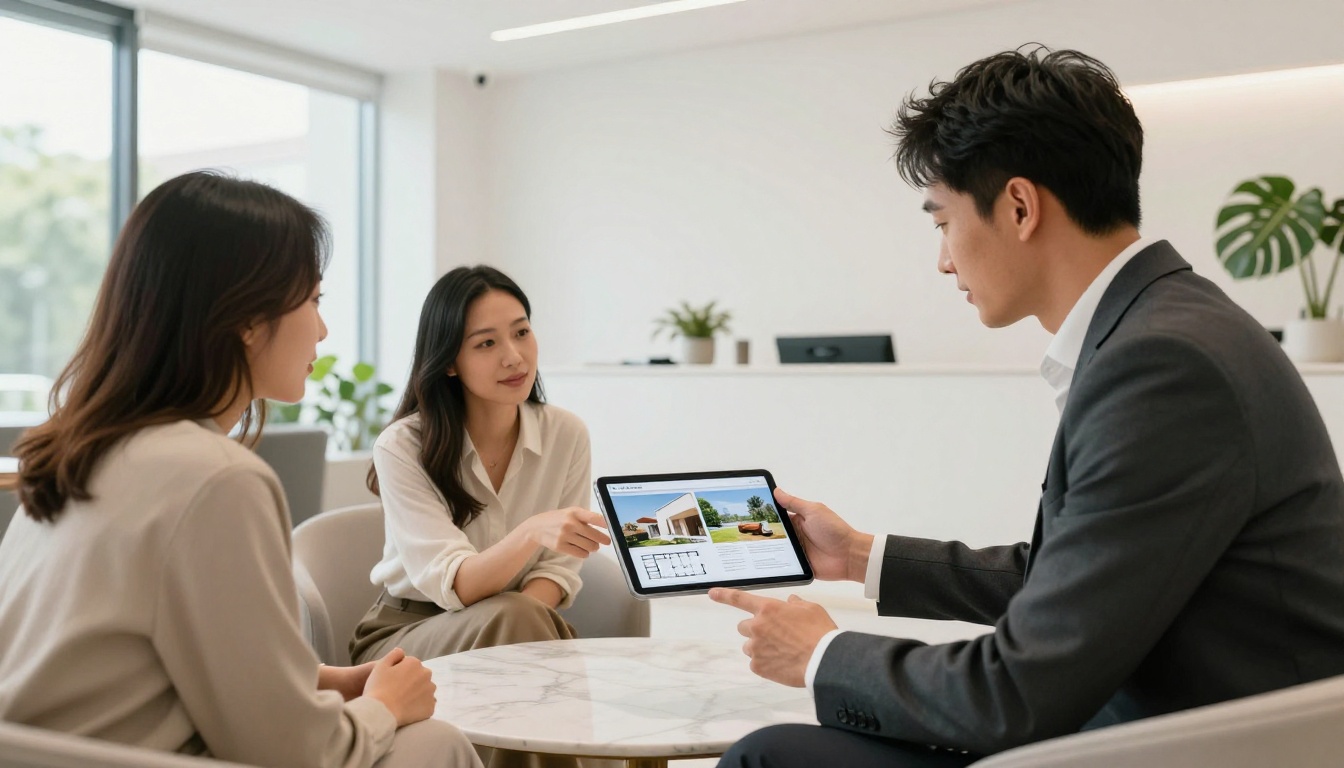 A real estate agent showing a client couple a high-end property brochure flipbook on a tablet in a bright modern office reception