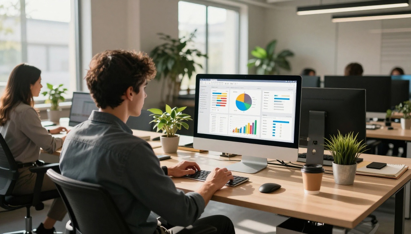 Two marketing professionals reviewing digital catalog analytics on office desktop monitor Two marketing professionals reviewing digital catalog analytics on office desktop monitor