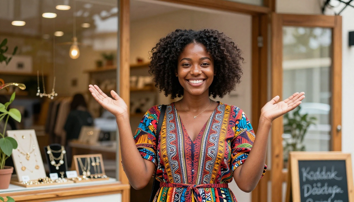 Happy small business owner celebrating in front of her handmade jewelry shop Happy small business owner celebrating in front of her handmade jewelry shop