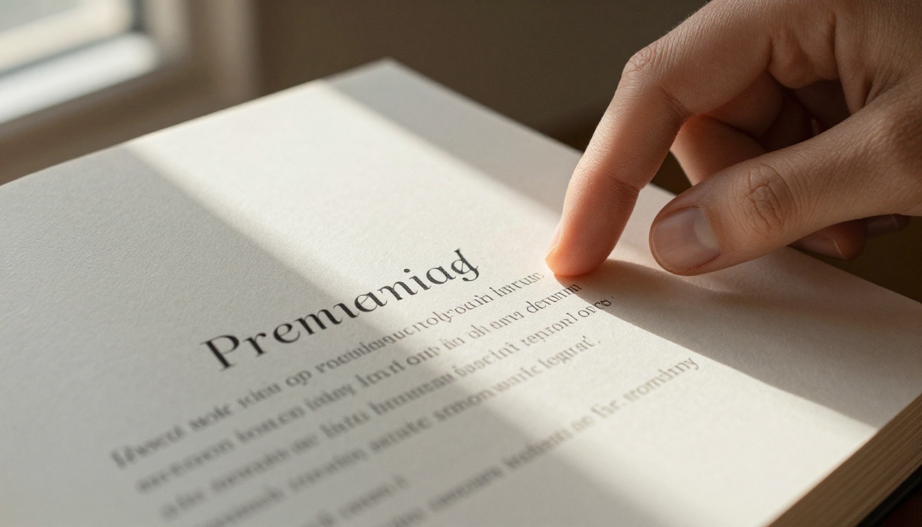 Extreme close-up of premium catalog typography on thick matte paper, finger delicately touching the page corner