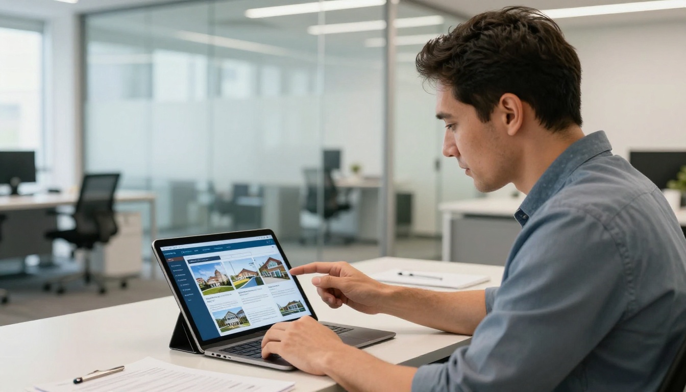 Real estate agent showing a digital property brochure flipbook on a tablet to a young couple