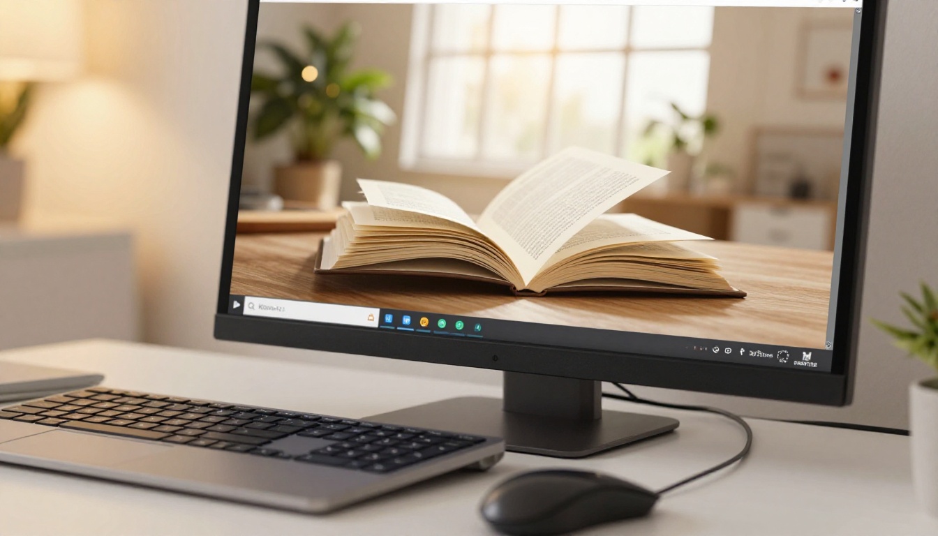 Close-up of desktop monitor displaying interactive product catalog with 3D page-flip effect mid-turn Close-up of desktop monitor displaying interactive product catalog with 3D page-flip effect mid-turn