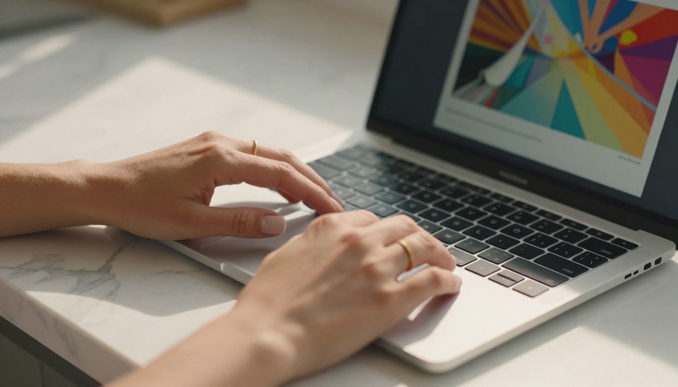 Close-up of feminine hands navigating a laptop trackpad on a marble countertop, digital flipbook visible on screen with mid-page-curl, morning light raking across the marble surface