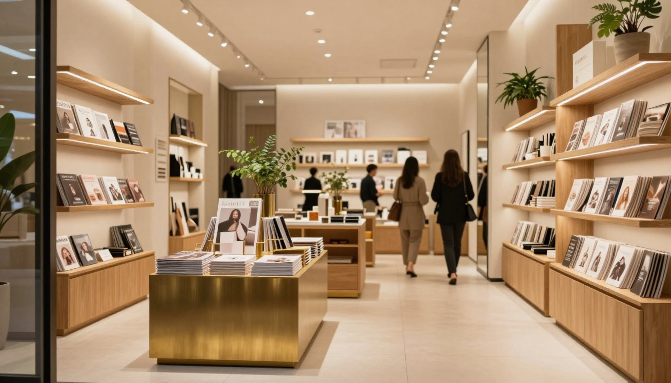 Boutique luxury retail store interior with premium product catalogs displayed on a brushed-brass rack near the entrance