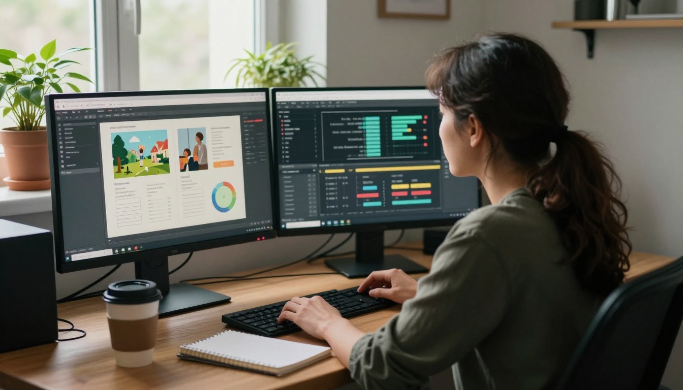 Woman content creator at desk with dual monitors showing a flipbook publishing dashboard with analytics charts