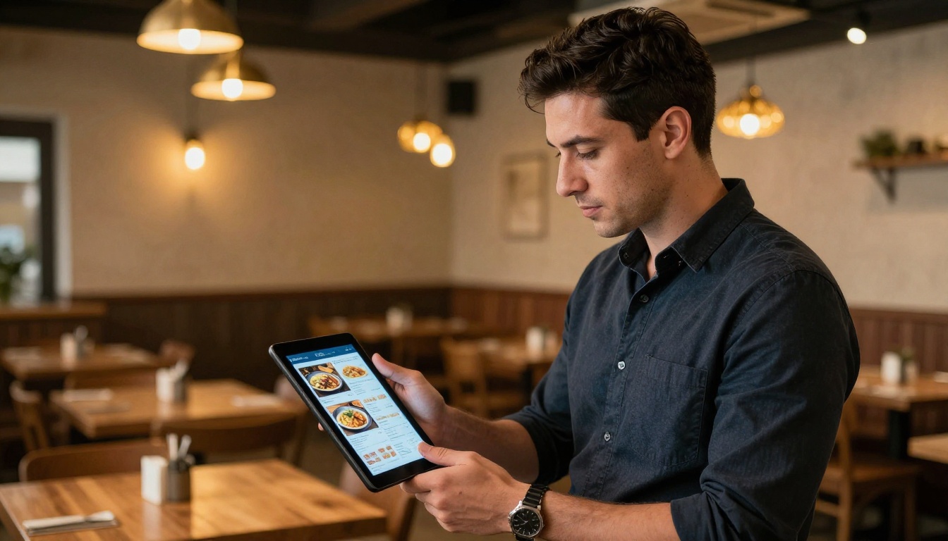 Restaurant owner holding tablet with digital menu catalog in warm restaurant dining area Restaurant owner holding tablet with digital menu catalog in warm restaurant dining area
