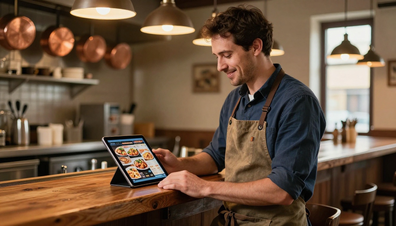 Restaurant owner in apron holding tablet showing digital menu flipbook inside rustic Italian trattoria Restaurant owner in apron holding tablet showing digital menu flipbook inside rustic Italian trattoria
