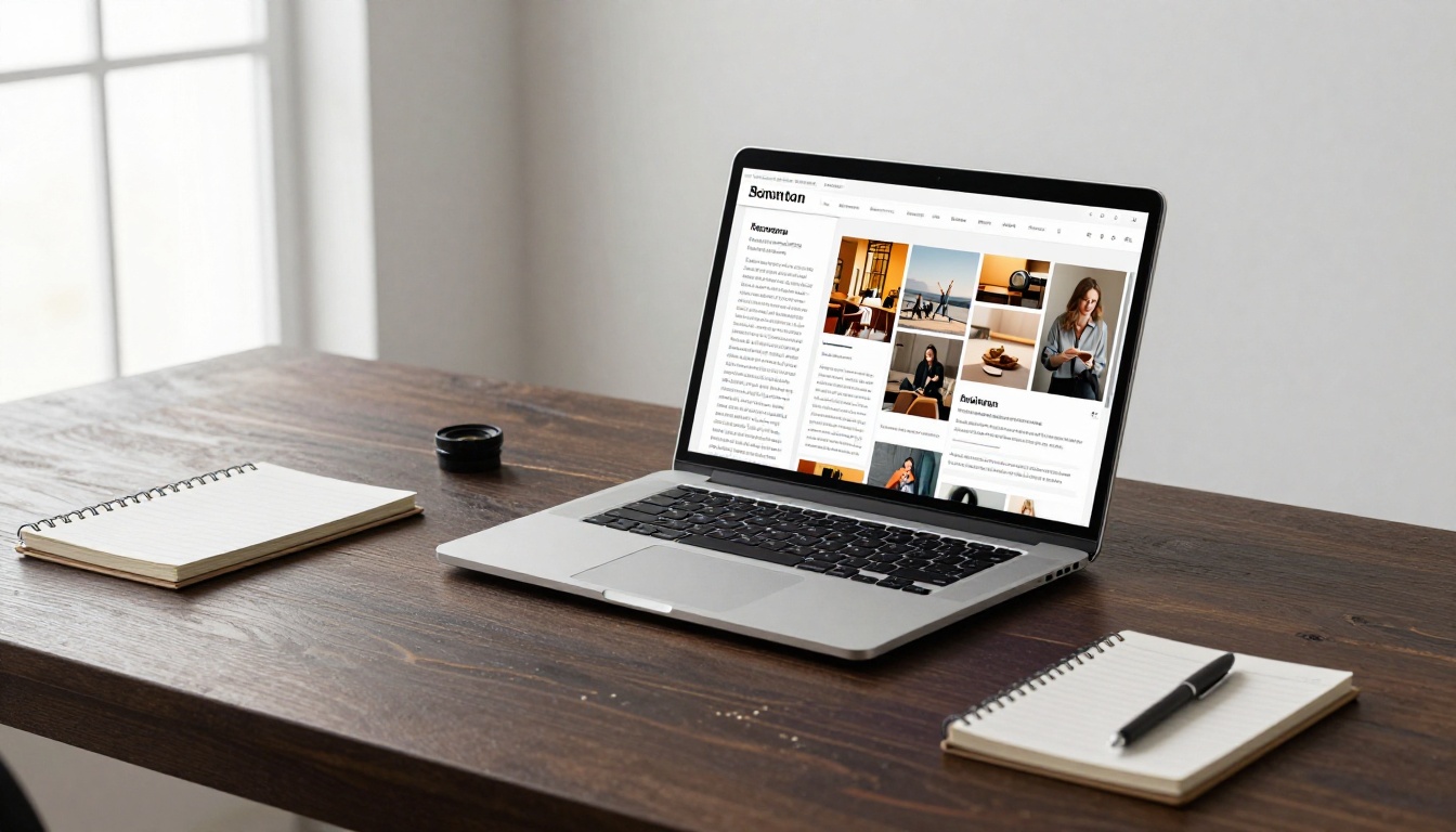 A slim laptop on a dark walnut desk displaying a split browser screen with a static PDF on the left and a vivid interactive flipbook on the right, soft diffused window light from upper left