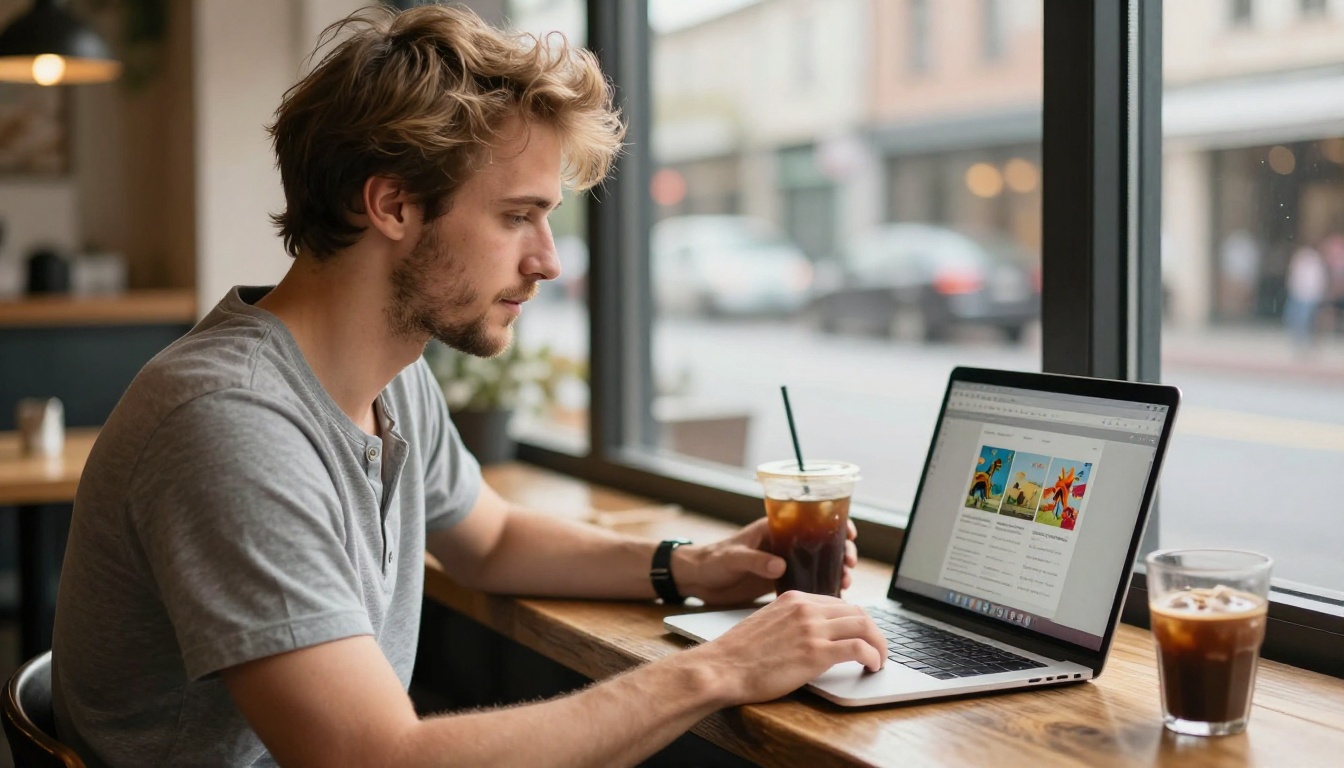 A young man with sandy hair and light stubble sitting at a rustic wooden café table near a large window, engaged with his laptop browser showing a colorful flipbook, iced coffee in hand, warm afternoon light from the left