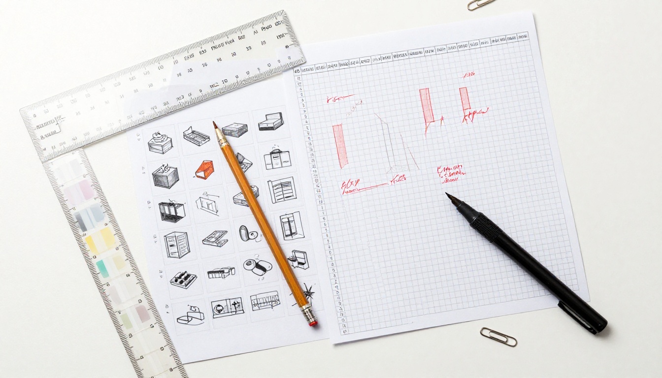 Professional design tools for catalog production spread on a white drafting table: Pantone fan, grid ruler, and layout sketches