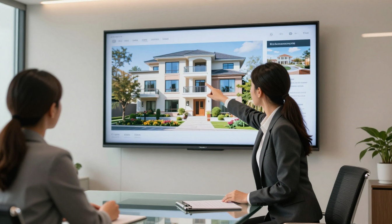 Real estate agent in blazer presenting property brochure flipbook to clients at conference table Real estate agent in blazer presenting property brochure flipbook to clients at conference table