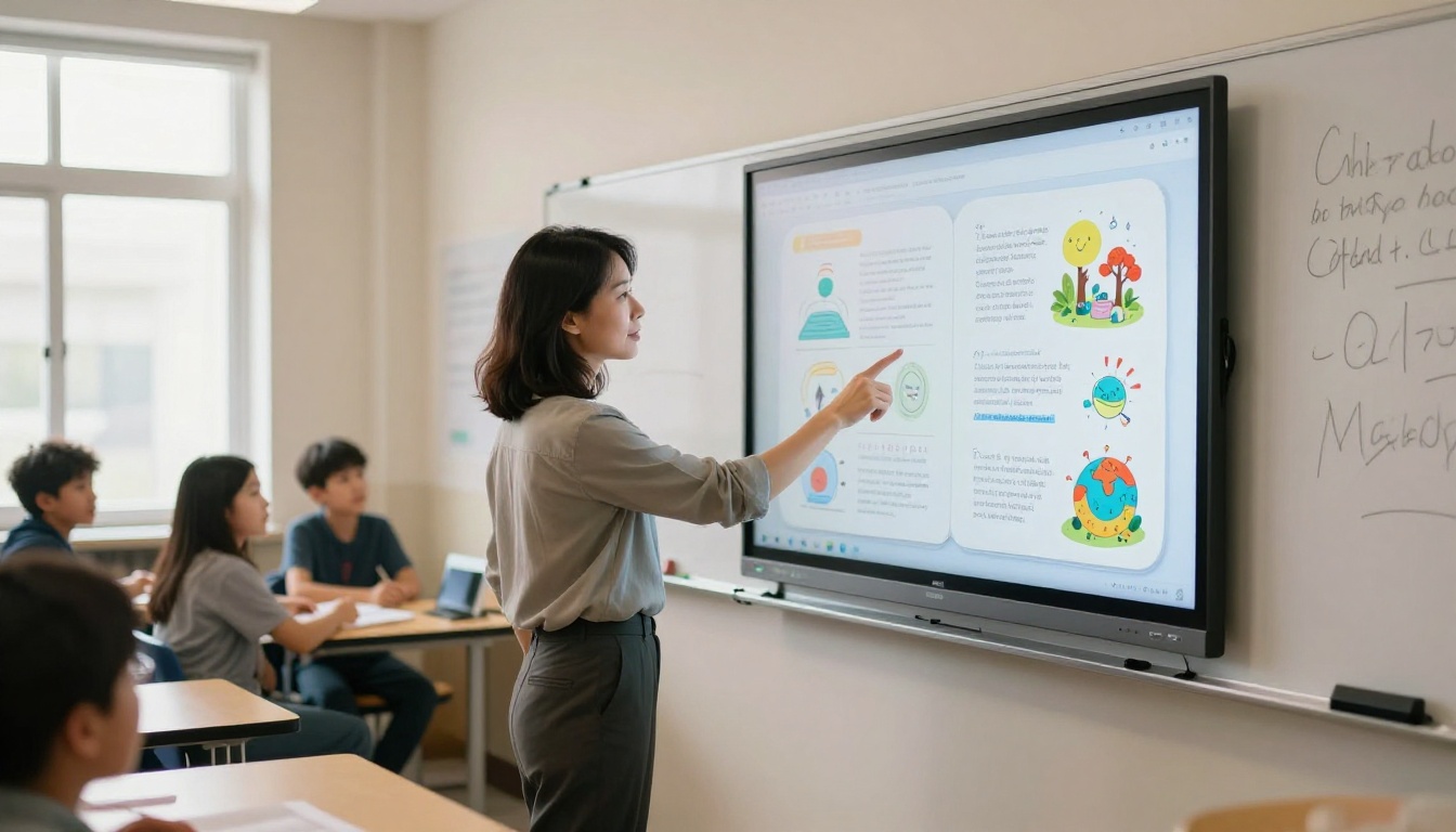 Female teacher in a bright classroom pointing to a screen showing a digital educational flipbook with students seated in background