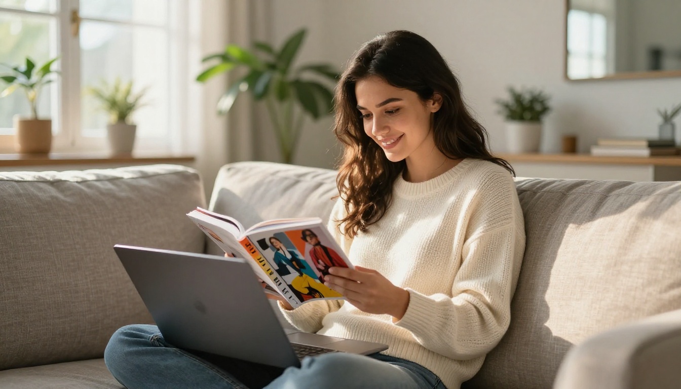 Young woman with dark hair smiling while browsing fashion lookbook flipbook on laptop on linen couch Young woman with dark hair smiling while browsing fashion lookbook flipbook on laptop on linen couch