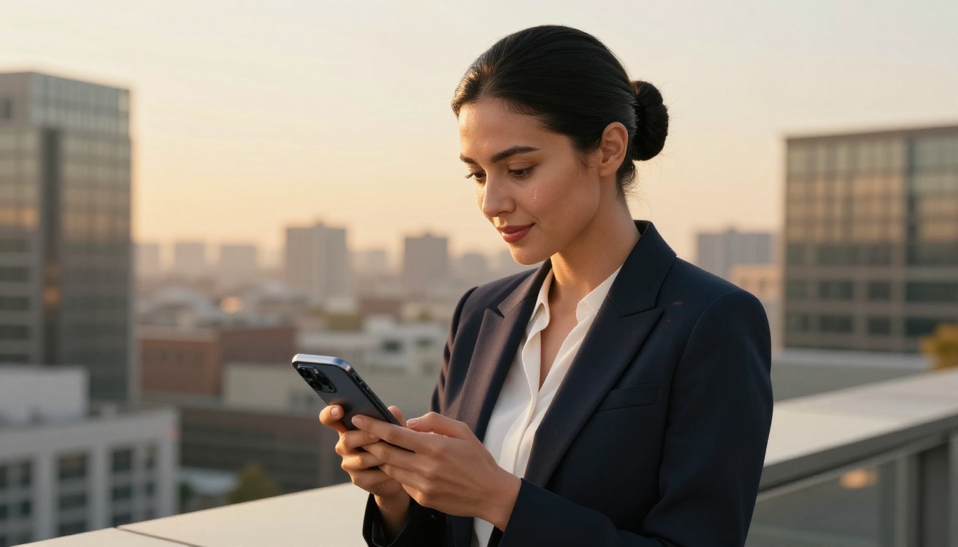 A confident woman in a dark navy blazer standing on a rooftop terrace during golden hour, holding a smartphone showing a digital flipbook, city skyline softly blurred in the background
