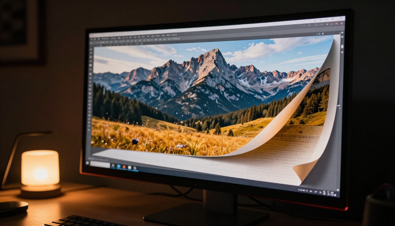 An extreme close-up of a large curved monitor in a darkened studio displaying a digital flipbook with a dramatic mid-page-curl freeze frame, vivid landscape photography on the pages, warm amber desk lamp light from the left