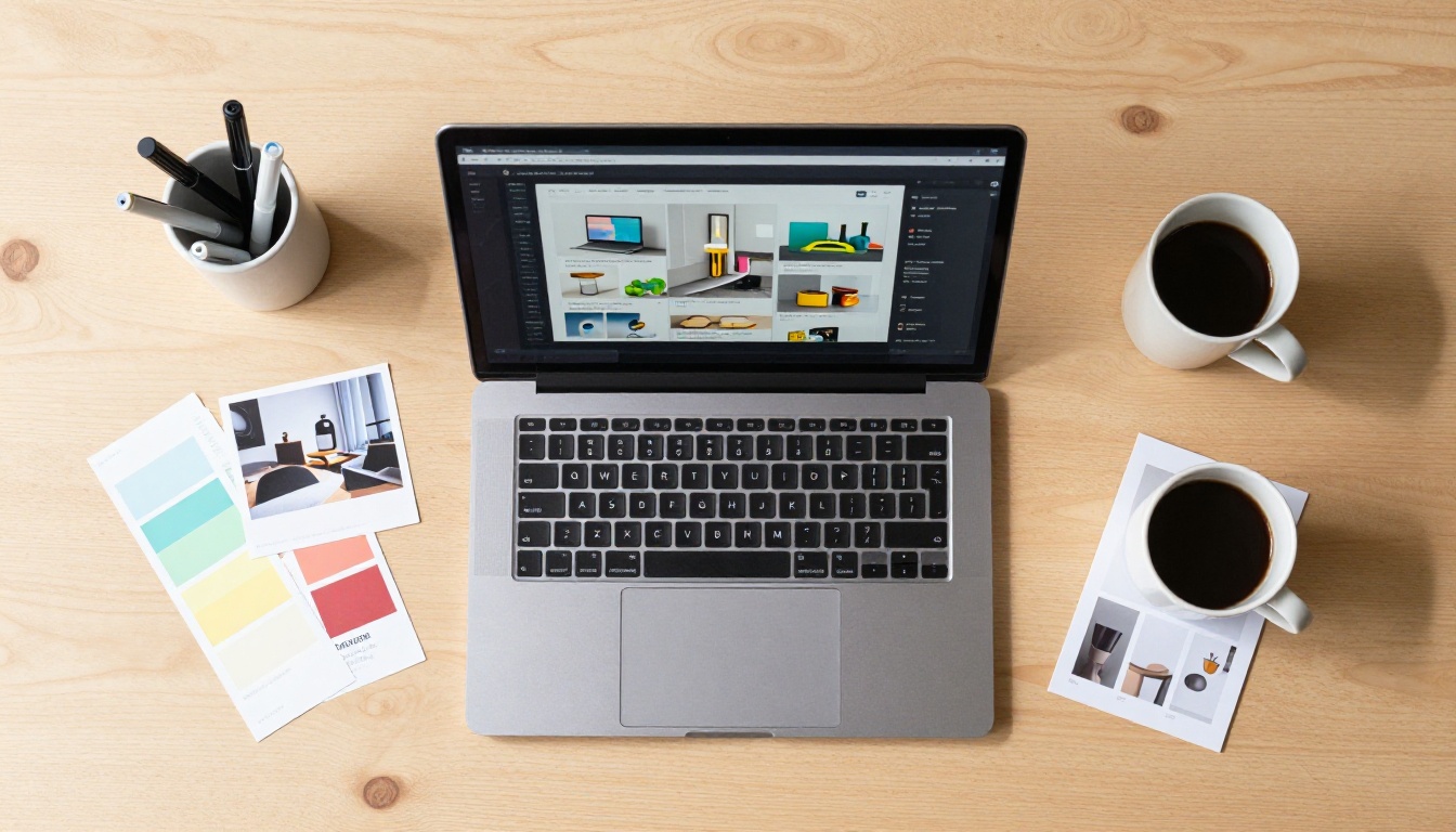 Aerial overhead creative workspace with MacBook showing catalog flipbook surrounded by color swatches Aerial overhead creative workspace with MacBook showing catalog flipbook surrounded by color swatches