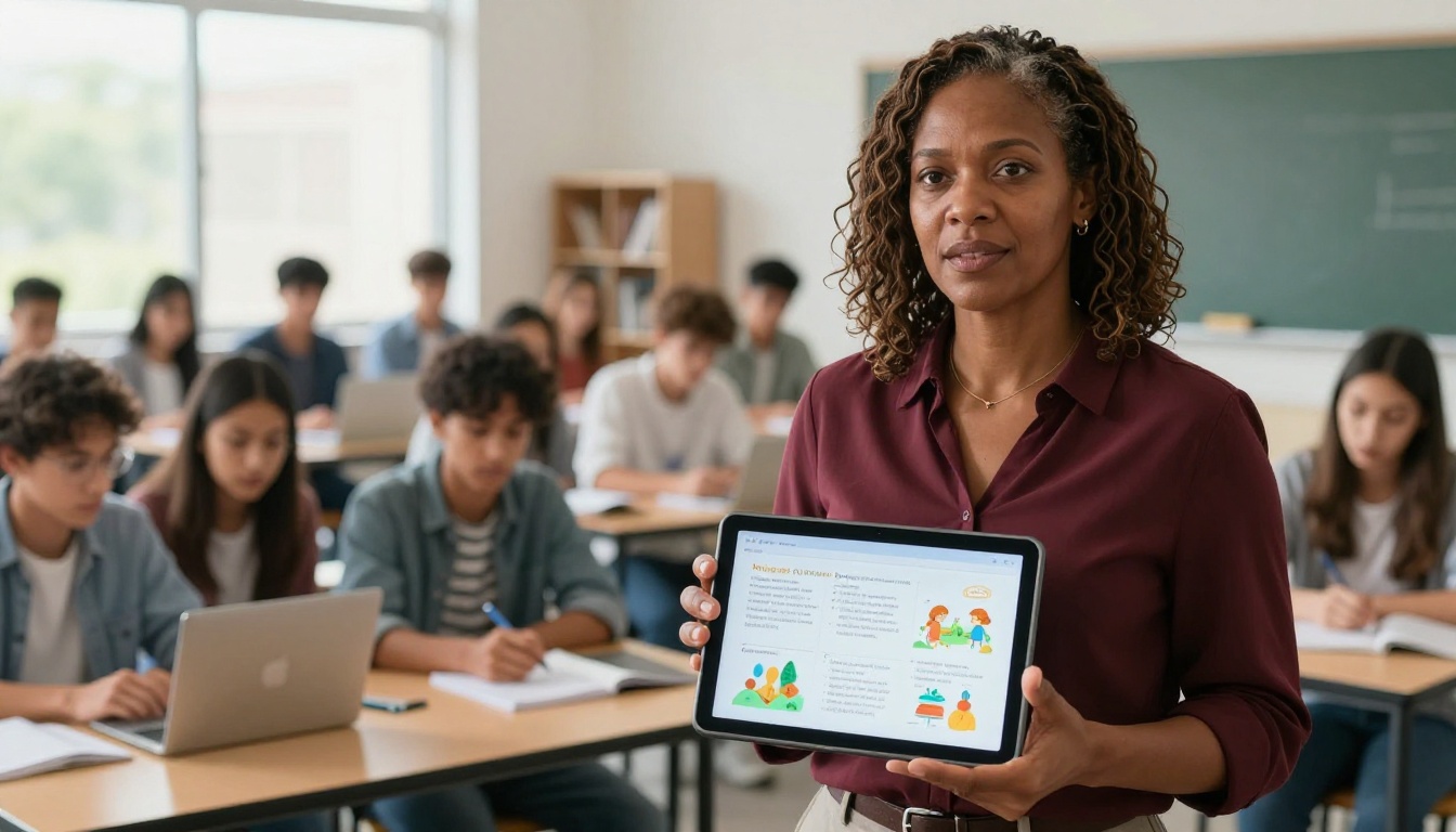 A teacher with natural locs and a burgundy blouse standing at the front of a bright classroom holding a tablet showing a colorful educational flipbook, engaged students blurred in the background