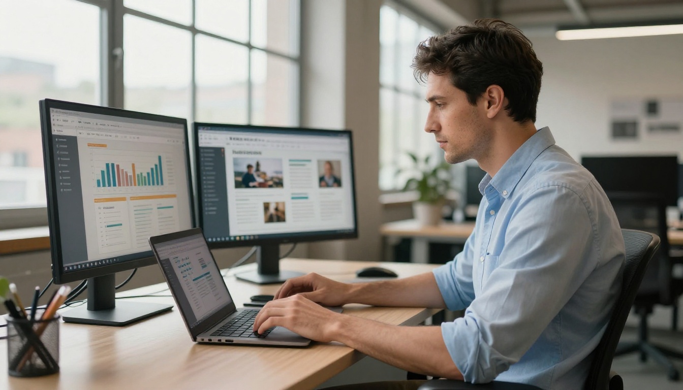 Man in business casual reviewing analytics on laptop with flipbook on secondary monitor in open office Man in business casual reviewing analytics on laptop with flipbook on secondary monitor in open office