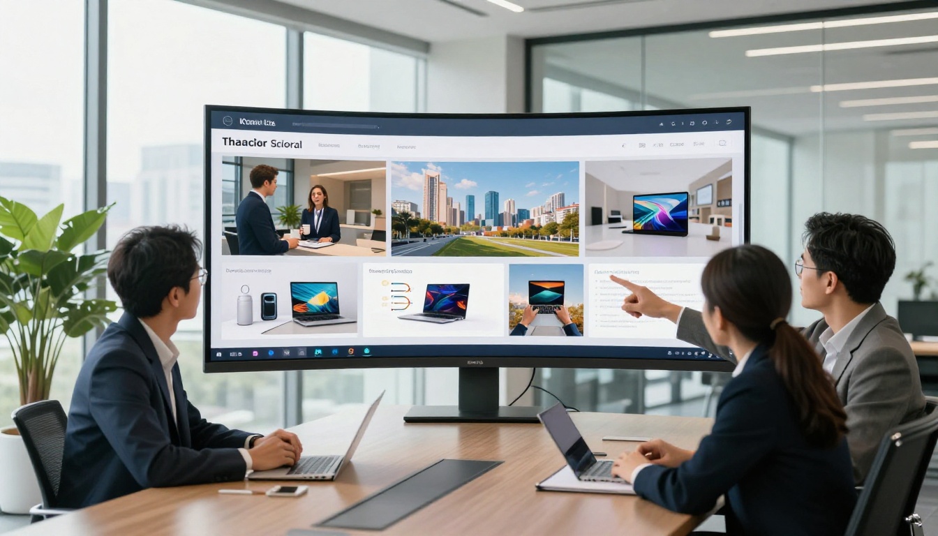 Three business professionals gathered around a large curved ultrawide monitor in a modern glass-walled conference room, reviewing a product brochure as an interactive digital flipbook, natural daylight flooding in