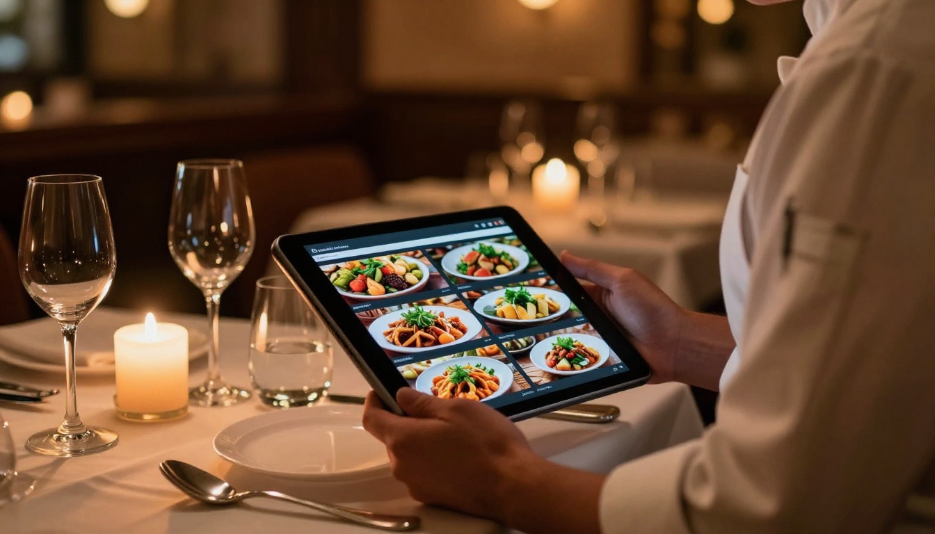 A restaurant owner in a white chef's apron holding an iPad at a beautifully set dining table, the screen showing a lush digital menu flipbook, warm candlelight and bistro lighting in the background
