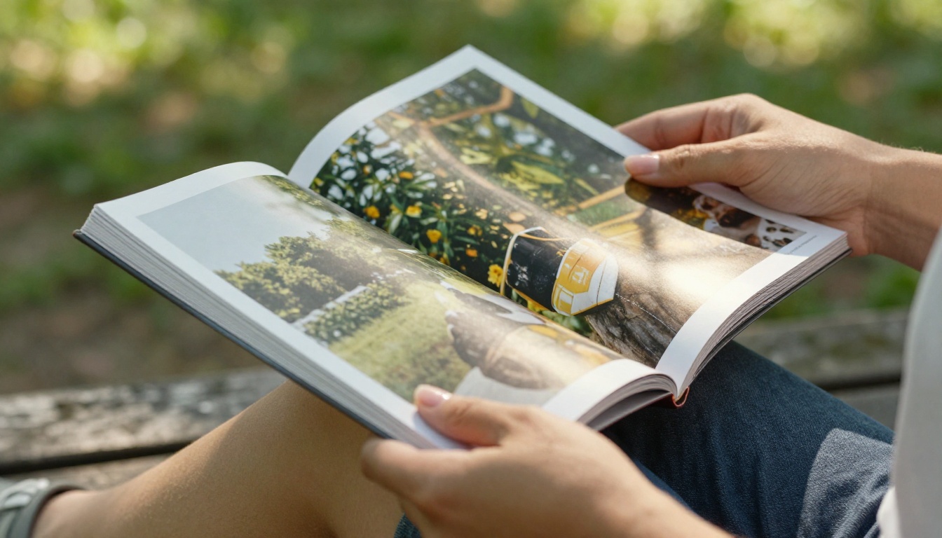 Woman's hands holding open glossy magazine-style flipbook on park bench with warm afternoon light Woman's hands holding open glossy magazine-style flipbook on park bench with warm afternoon light